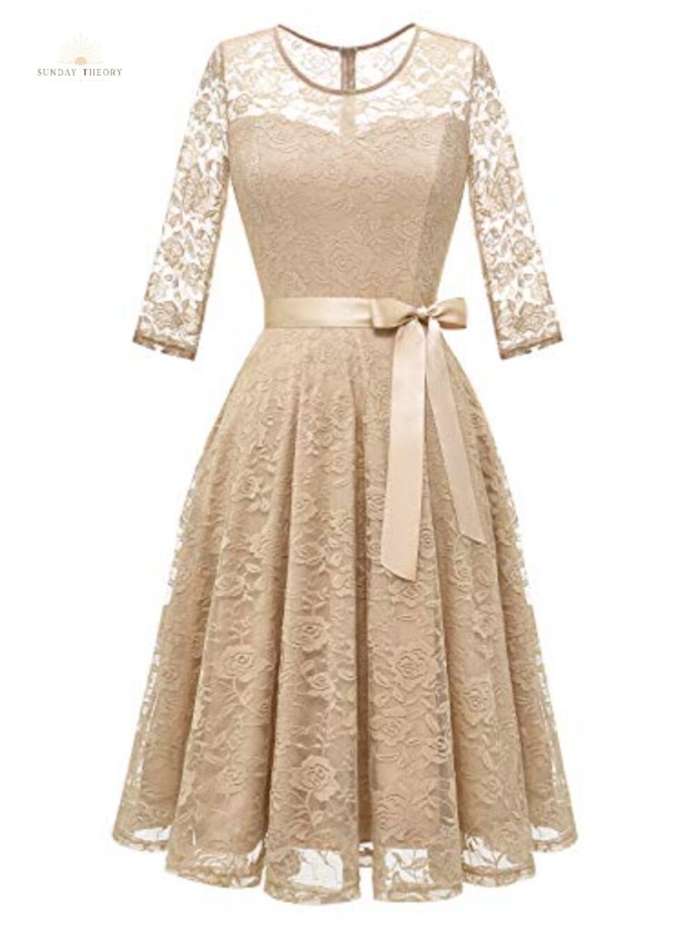 Floral Lace Midi Dress A-Line Scoop Neck 3/4 Sleeve Tea Length Formal